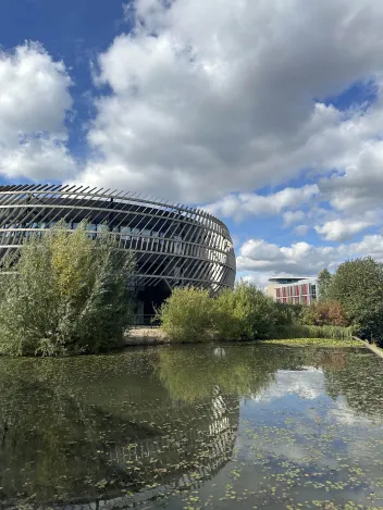 building that lights up at night time